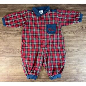 Vintage Baby Bgosh Oshkosh Bubble Romper Boys Red Blue Green Tartan Plaid 6-9 Mo
